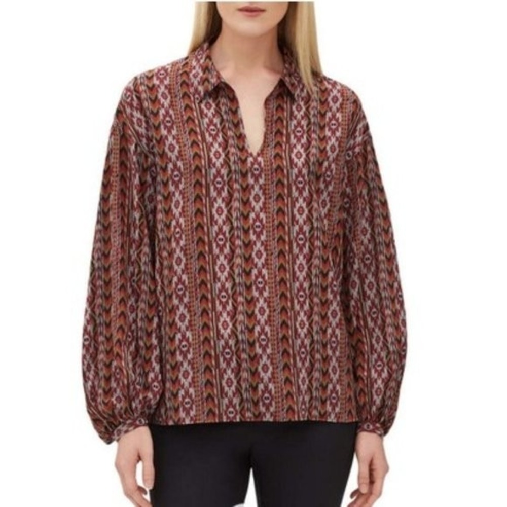 Lafayette 148 Silk Southwest‎ Aztec Tribal Print Long Sleeve Blouse Size M